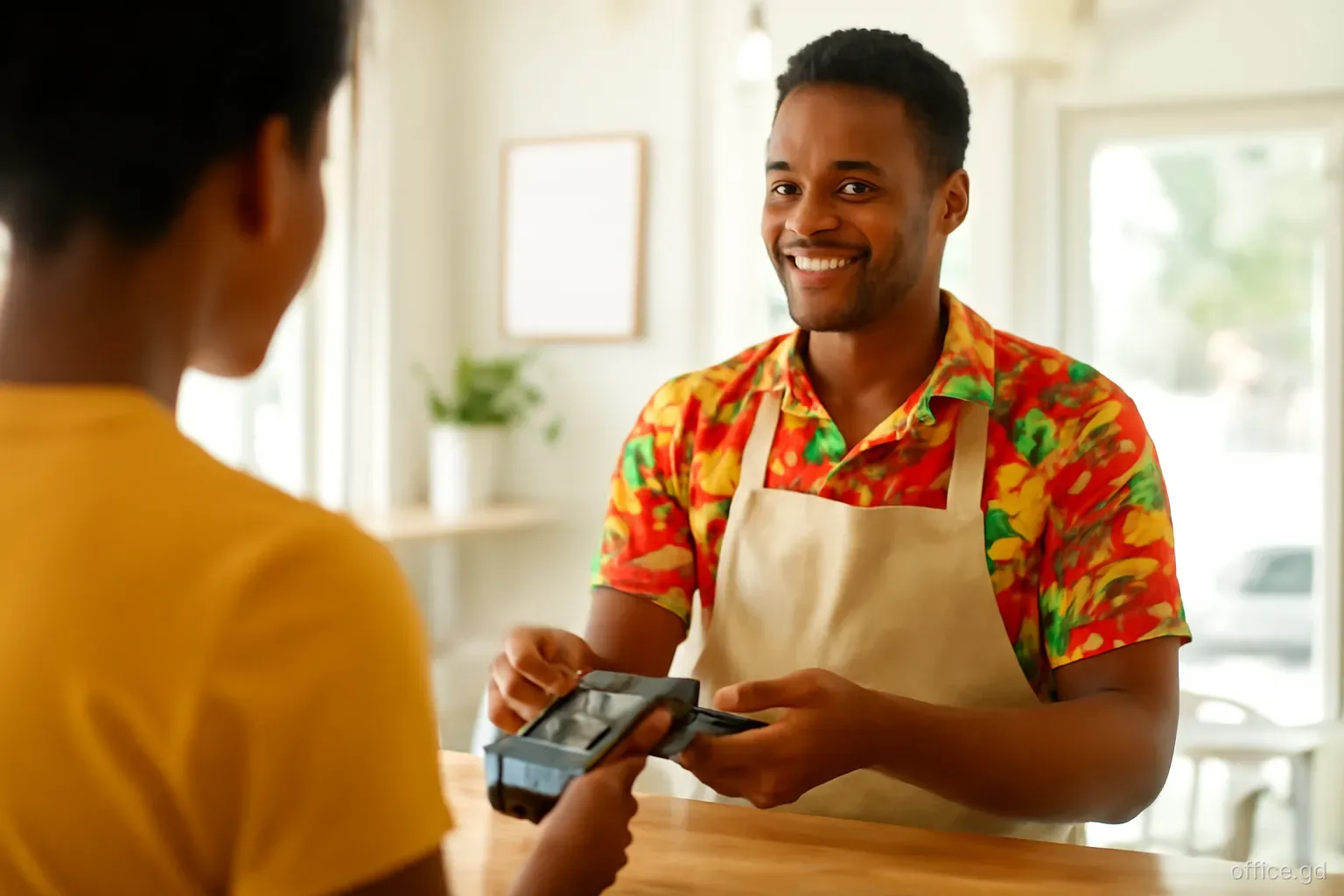 Young Grenadian cafe owner tapping a customer's card on a handheld payment terminal at a wooden counter in Grand Anse, close-up over the shoulder, warm morning light