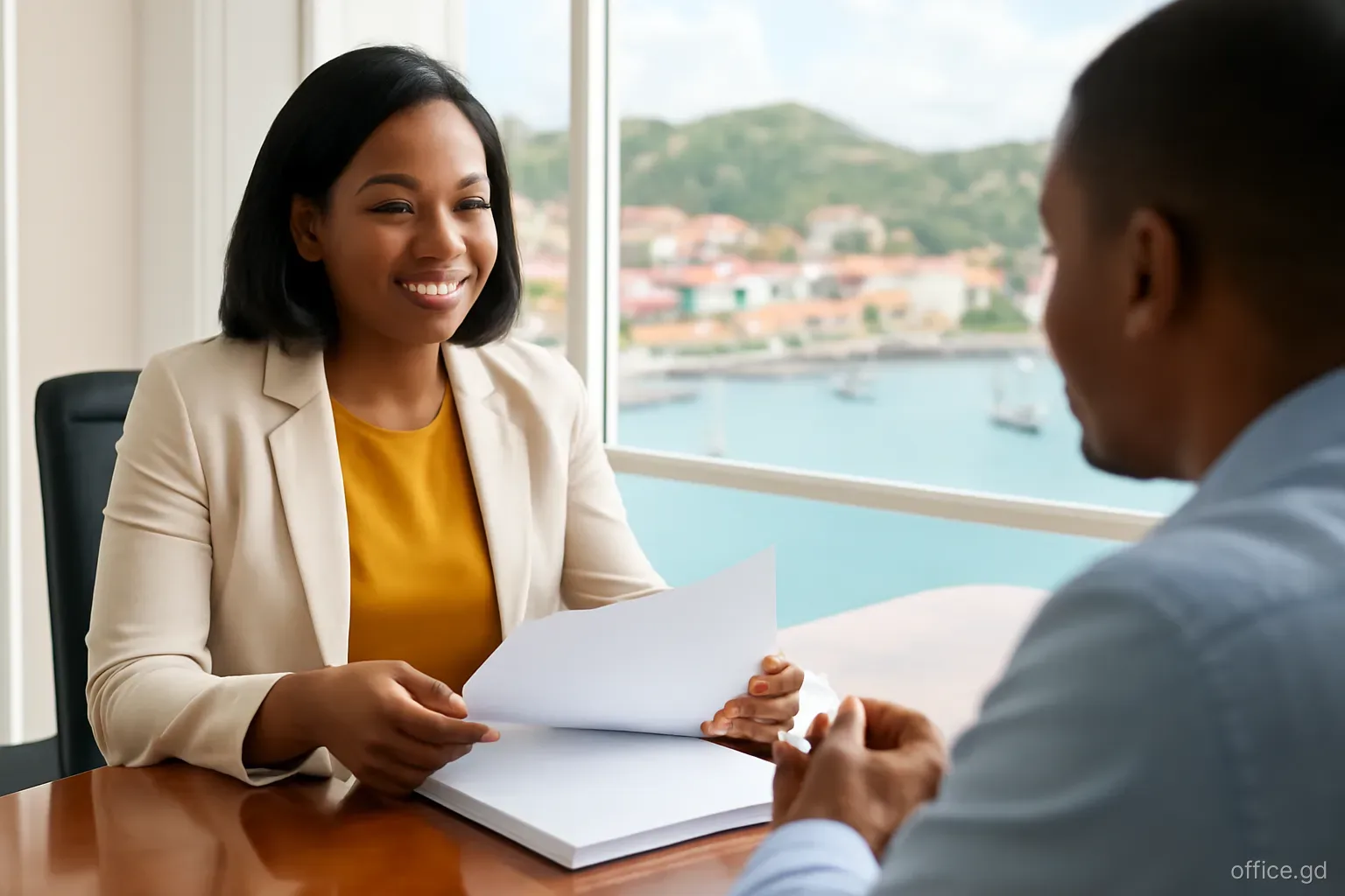 Grenadian attorney and a client reviewing bound papers across a polished desk in a bright office overlooking the Carenage, over-the-shoulder angle, warm afternoon light, pages blank