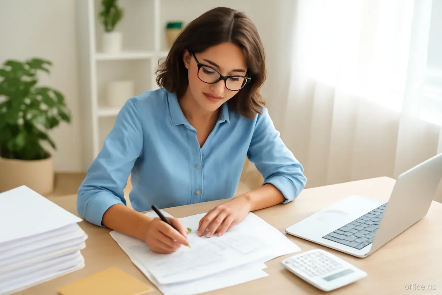 Bookkeeper with reading glasses ticking through a pile of paper statements with a pen at a home office desk in Morne Jaloux, overhead angle, soft afternoon light