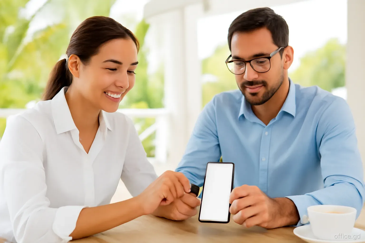 Two business partners setting up a security key on a mobile phone at a shaded veranda table of their guesthouse in Lance aux Epines, close-up of hands, daylight