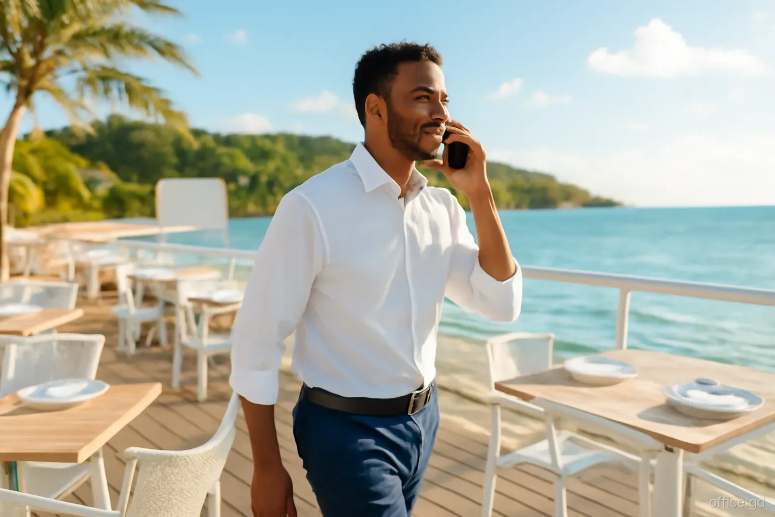Restaurant manager talking on a mobile phone while walking past tables on a breezy waterfront deck in Grand Anse, medium shot from the side, late afternoon light