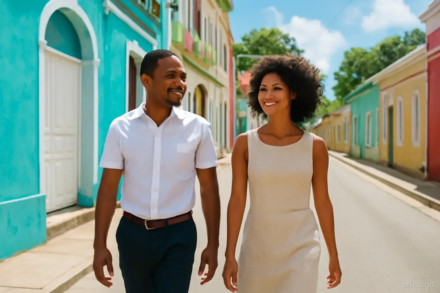 Two young Grenadian professionals in crisp short-sleeved shirt and linen dress walking along a shaded street in St George's, full-length shot, bright midday light