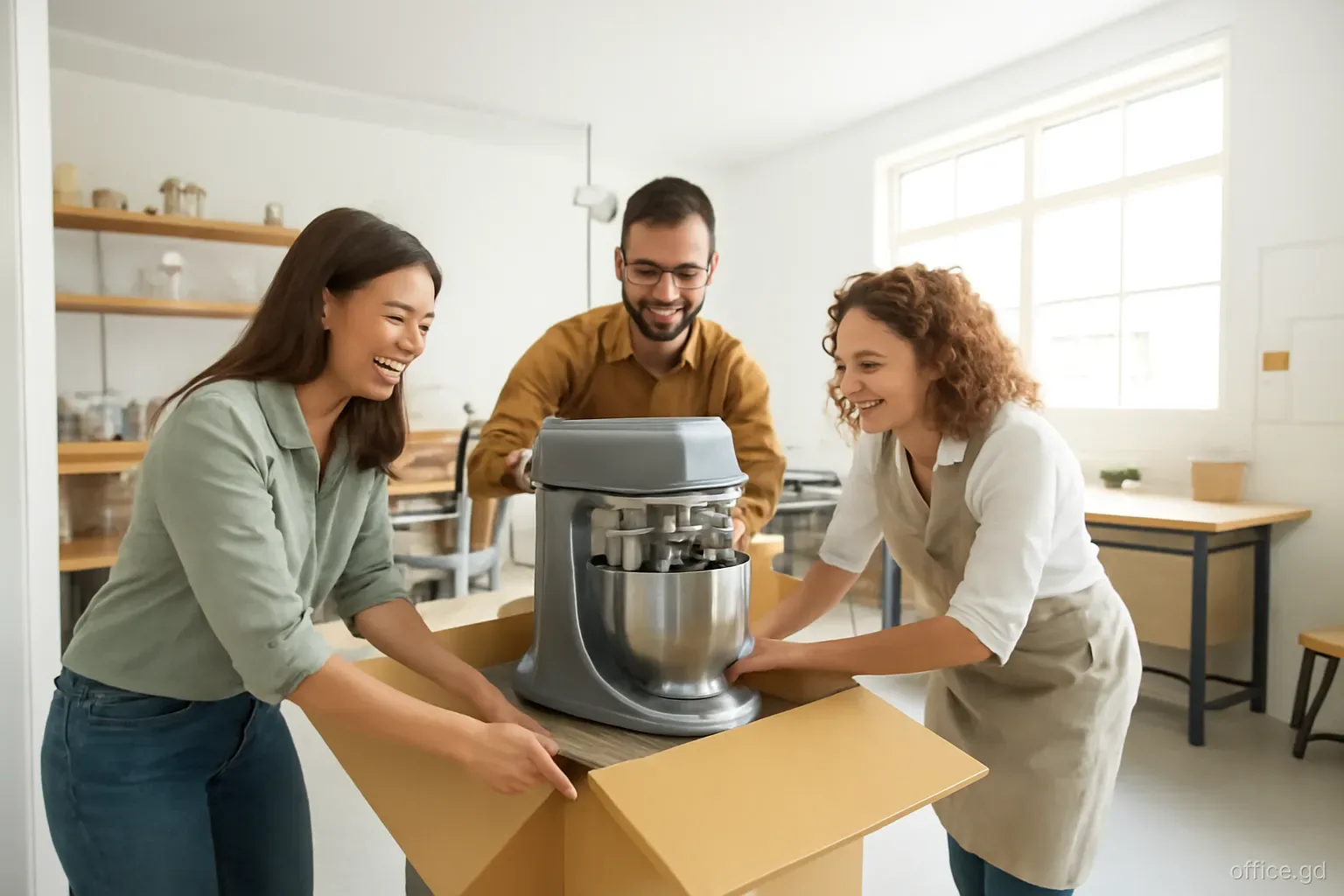 Small business owner and two colleagues unpacking a new industrial food mixer in a modest workshop in St Patrick, wide angle from the doorway, bright natural light