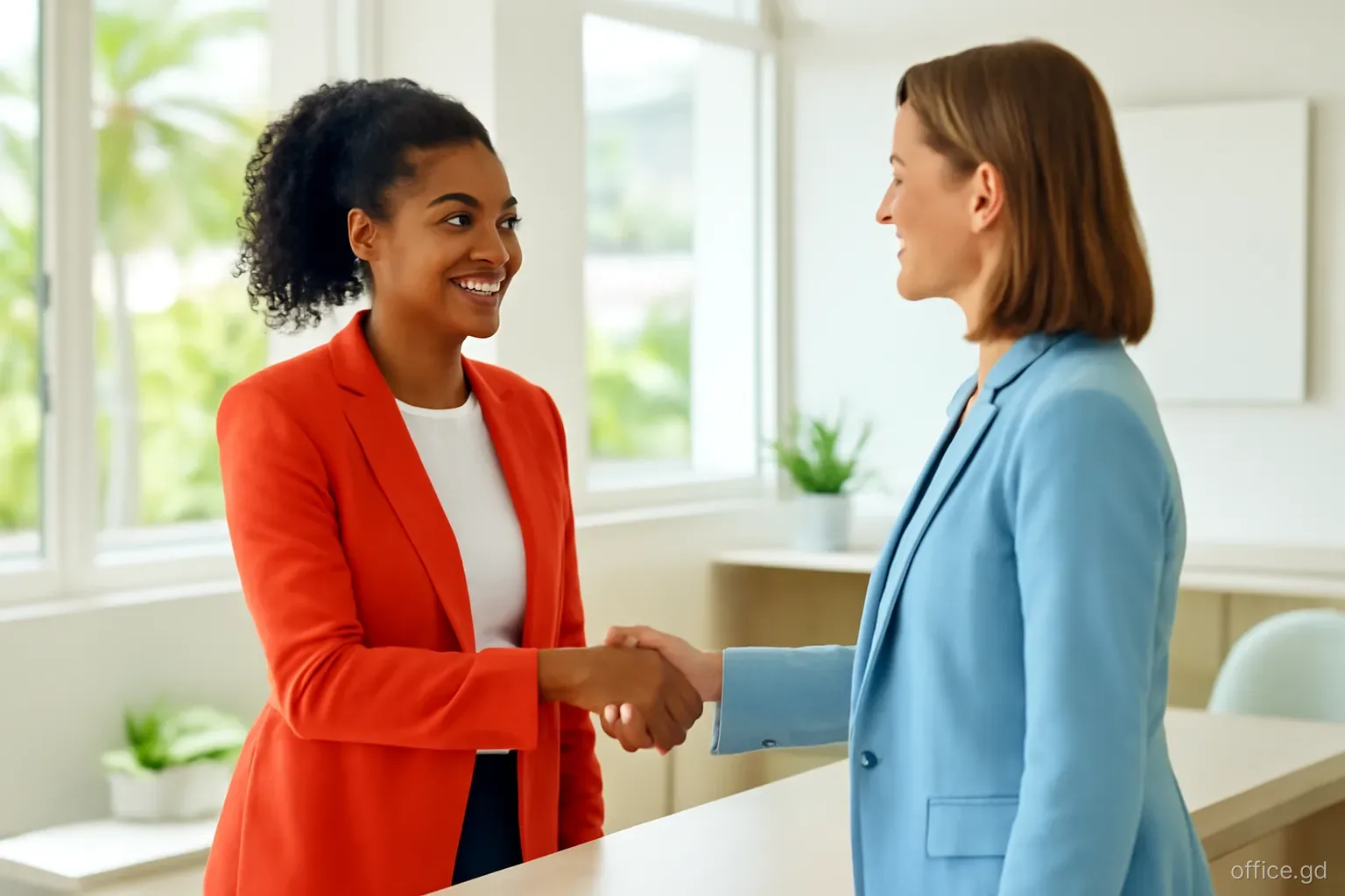 Grenadian businesswoman and a visiting consultant exchanging a warm handshake in the reception area of an office in St George's, medium shot, bright natural light