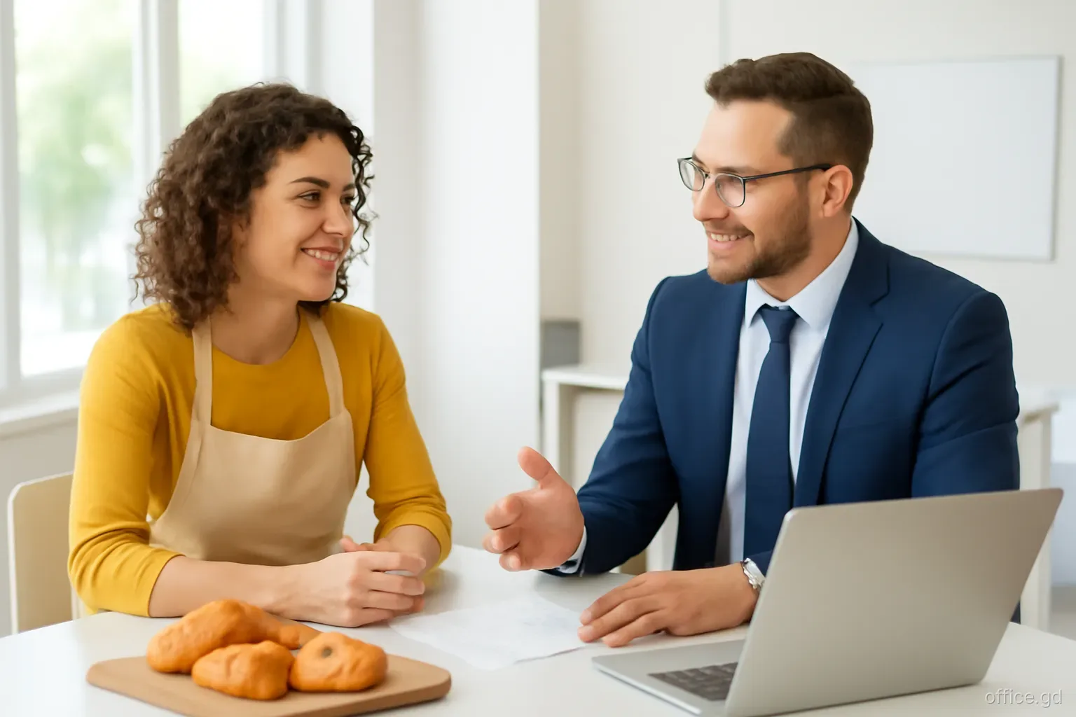 Bakery owner in an apron discussing plans with a bank lending officer at a table inside a bright branch office in St George's, medium shot, daylight