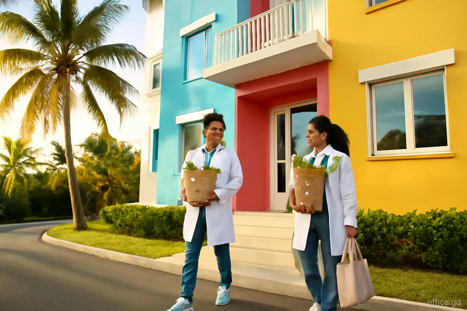 Medical students carrying groceries into a brightly painted apartment block above True Blue Bay, wide angle from the street, late afternoon golden light on palm trees
