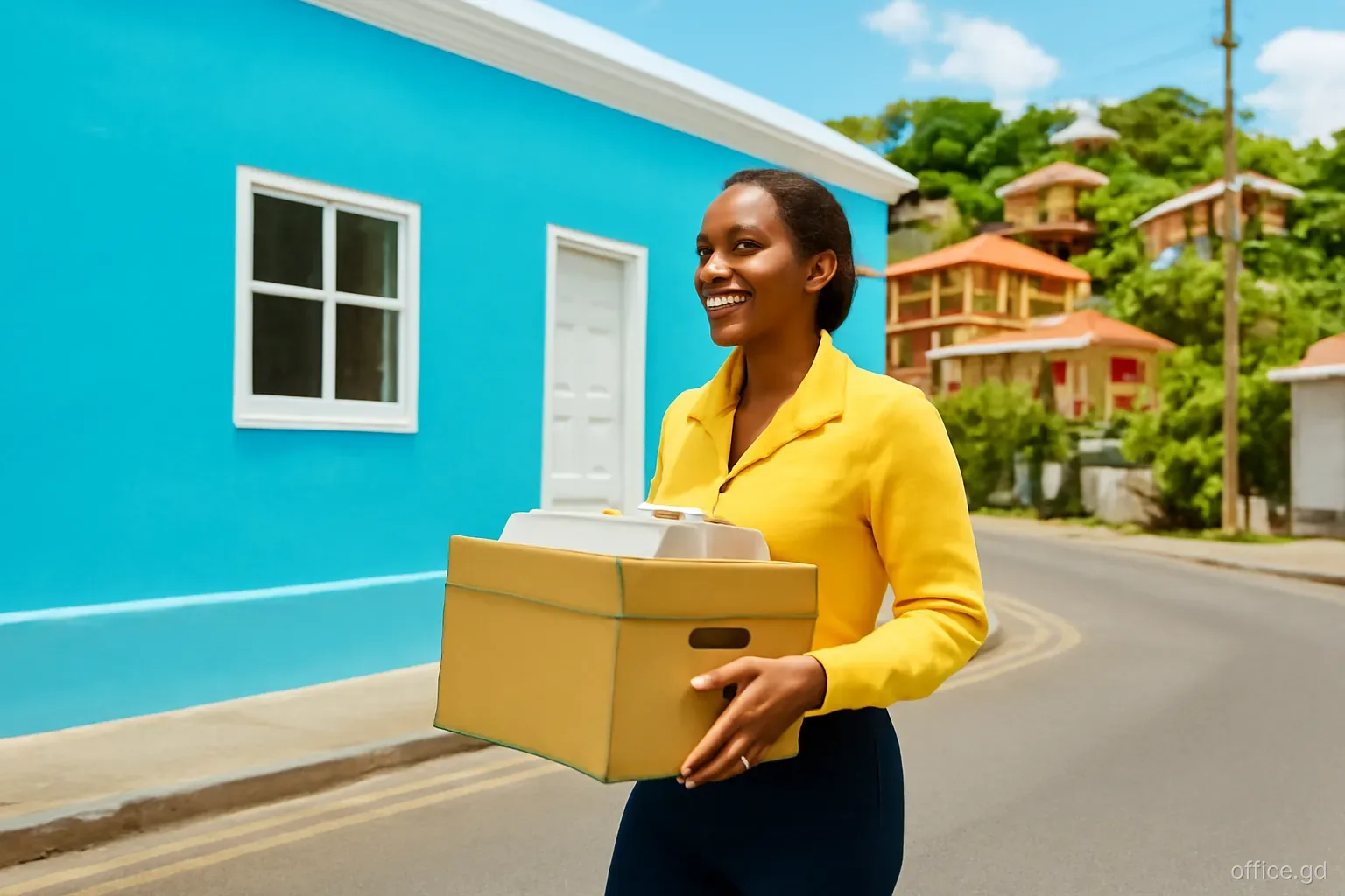 Grenadian businesswoman carrying a box of files into a newly painted office on a hillside street in St George's, medium shot from across the road, bright midday sun