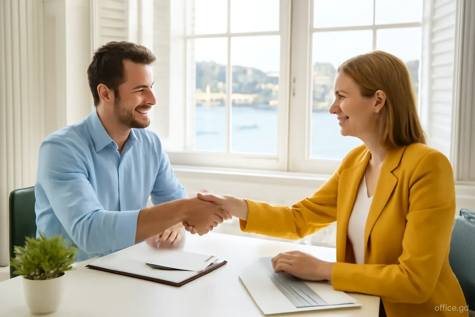 Business owner shaking hands with a professional adviser across a tidy desk in a quiet first-floor office in St George's with shutters open to the harbour, medium shot, morning light