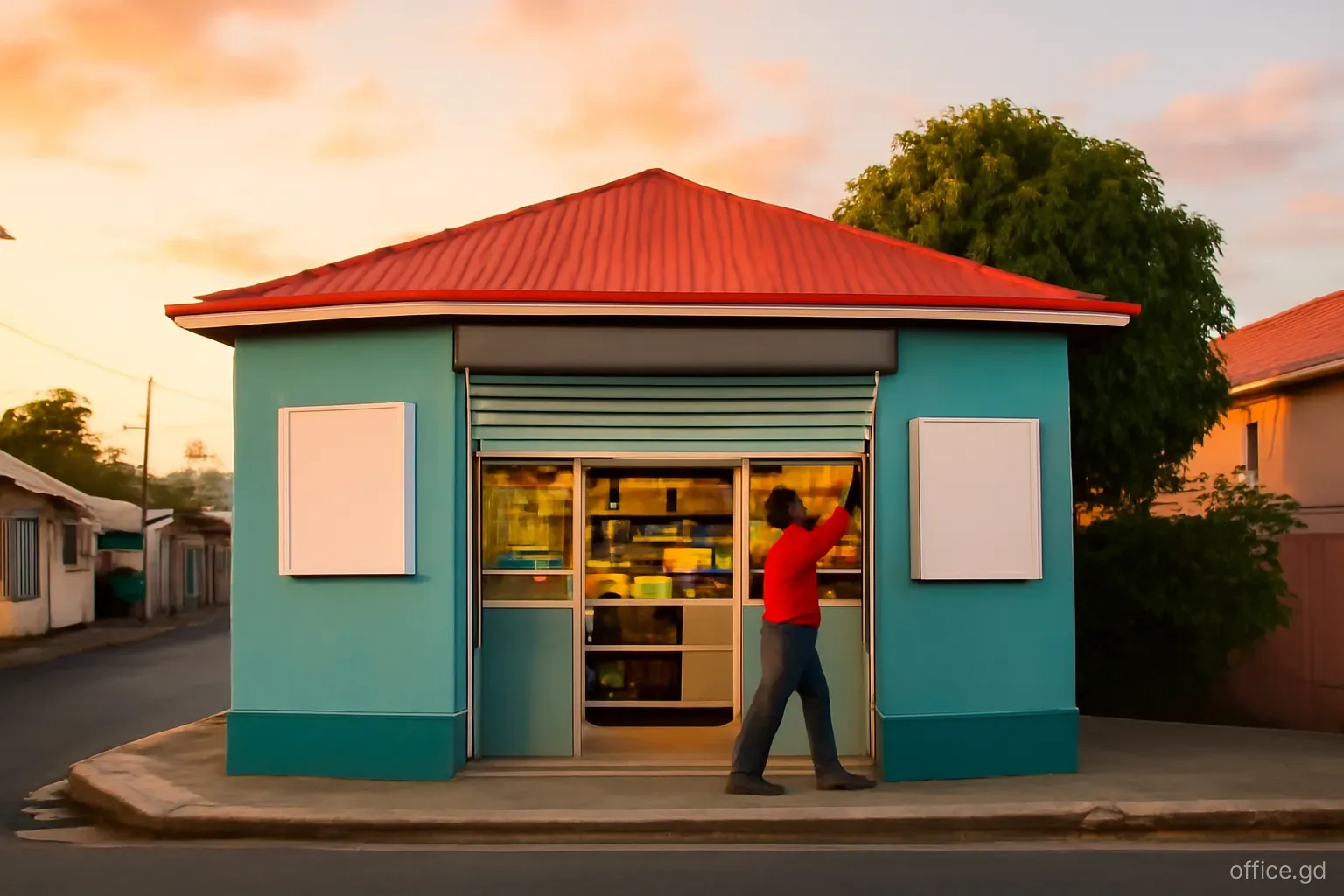 Grenadian shopkeeper pulling down a metal shutter at dusk outside a small corner shop in Grenville, wide shot from across the street, warm orange evening light