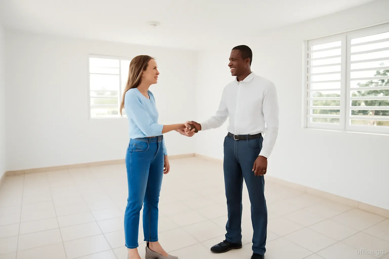 Tenant and landlord shaking hands in an empty freshly painted office unit with tiled floor and open louvred windows in Grand Anse, wide shot, soft natural light