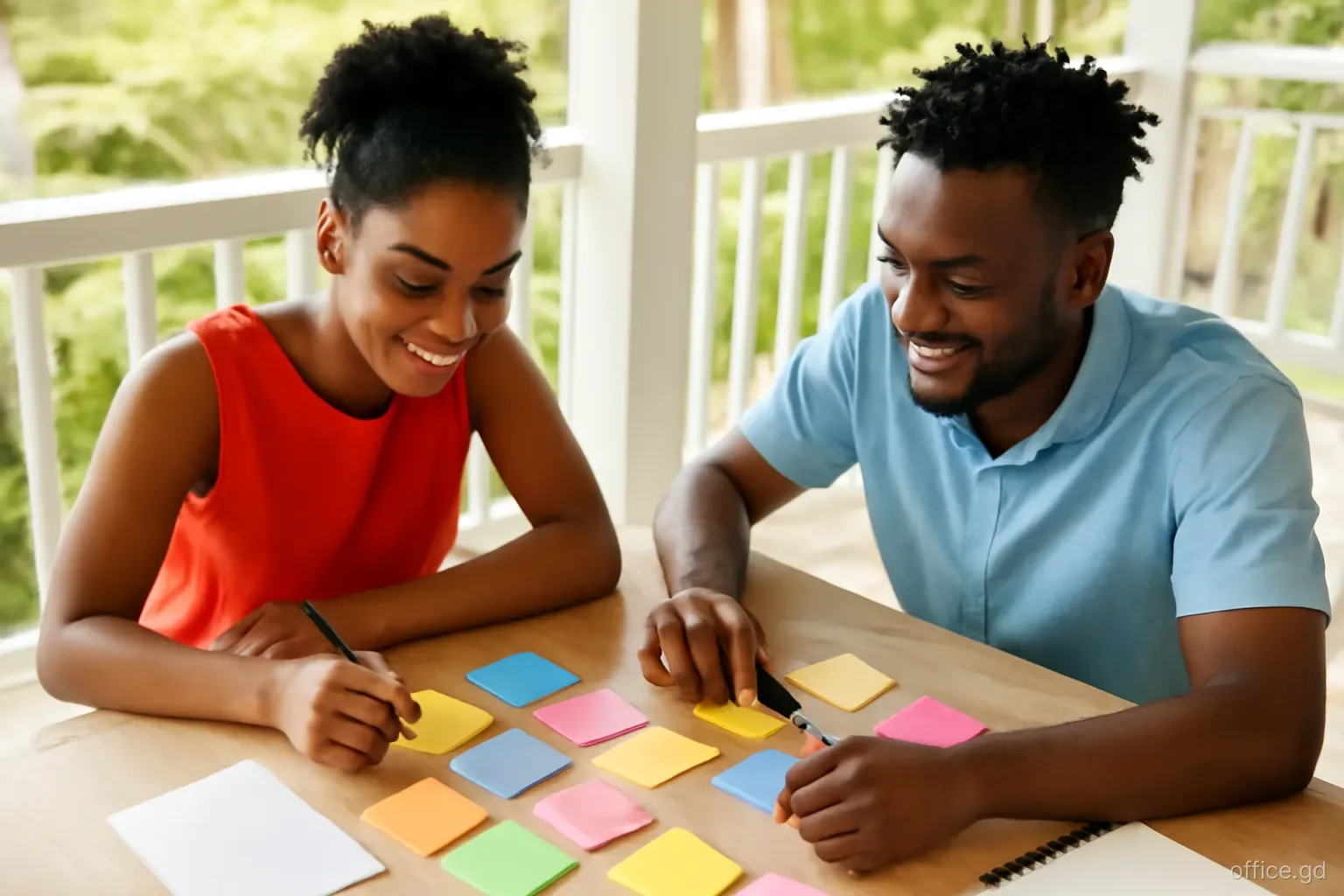 Two young Grenadian co-founders brainstorming business names on sticky notes at a wooden table on a breezy veranda in St Paul's, overhead shot, soft morning light