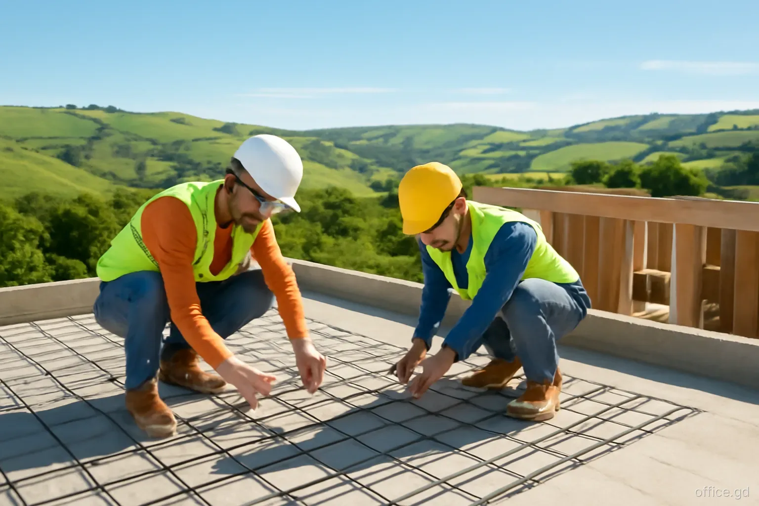 Construction workers in hard hats fixing steel reinforcement on the concrete roof of a new hillside house in St David, aerial angle, bright late-morning sun and green hills behind