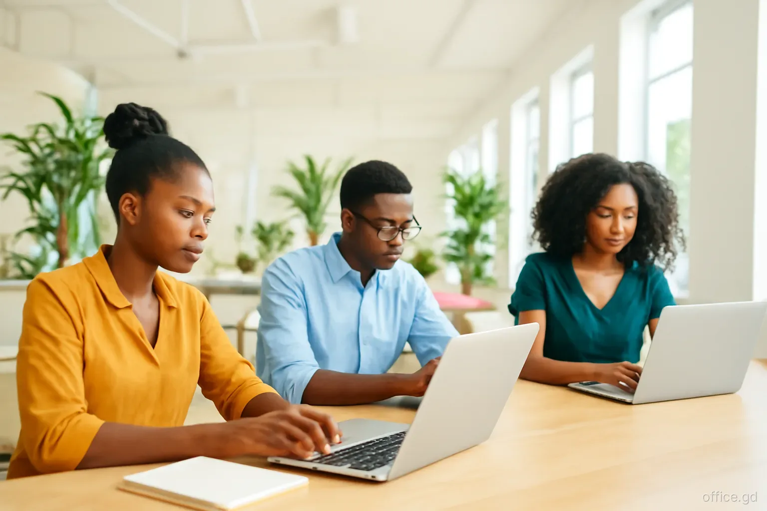 Three young professionals working on laptops at a long communal table in an airy open-plan room with potted plants and ceiling fans, Grand Anse area, eye-level shot, bright daylight