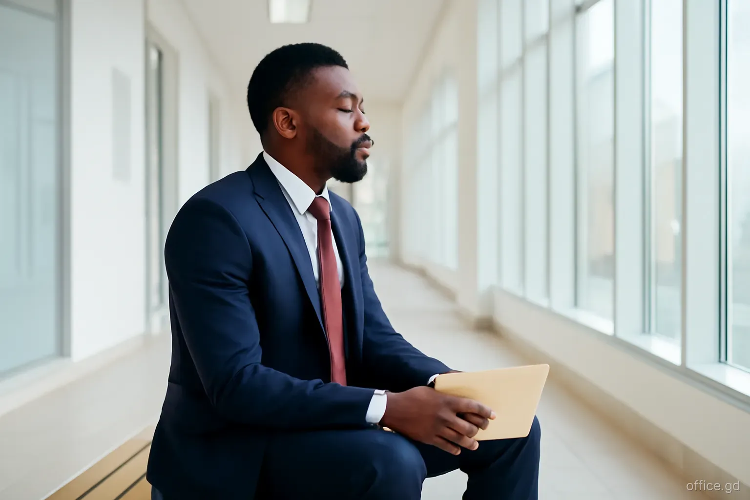 Well-dressed businessman waiting patiently on a bench in a bright, airy public office corridor in Grenada, folder on his lap, side view, soft daylight from tall windows