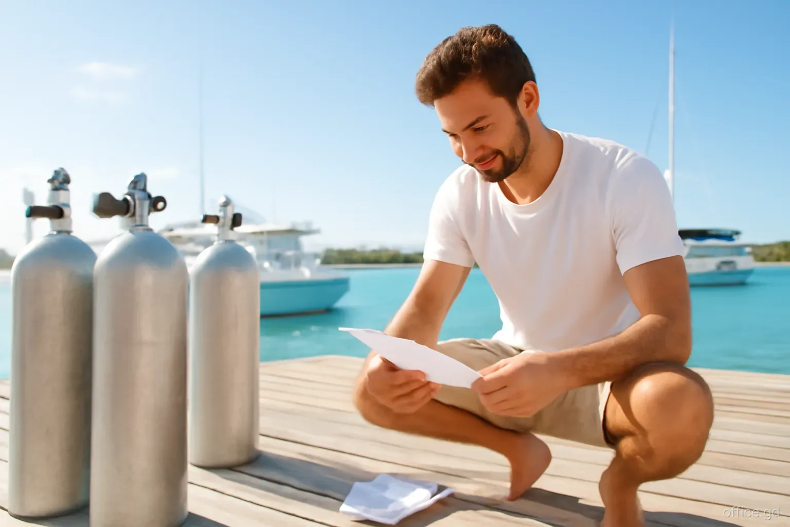 Dive shop owner sorting receipts beside rinsed scuba tanks on a sunny wooden dock in Lance aux Epines, boats moored behind, low side angle, crisp morning light