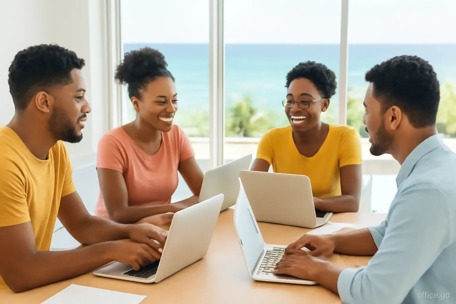 Small team of young Grenadian developers collaborating around laptops at a long wooden table in a bright office with sea views in Grand Anse, over-the-shoulder angle, natural daylight