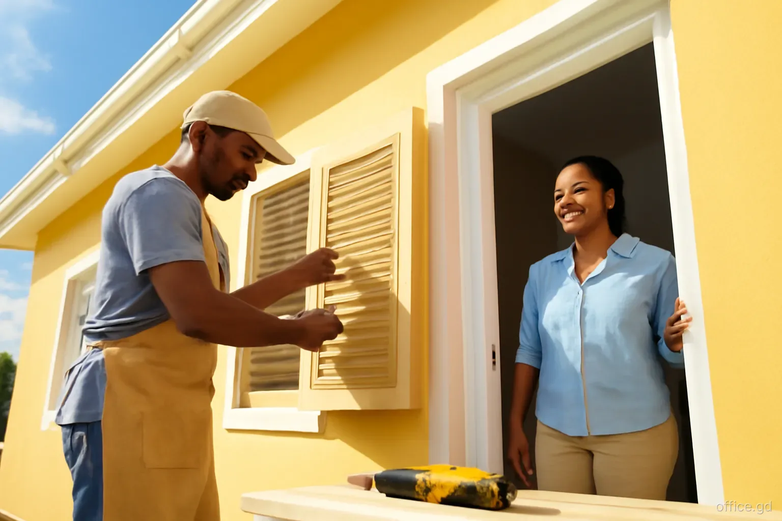 A carpenter fitting new wooden shutters on a small office building in Gouyave while the owner watches from the doorway, low angle, bright clear morning