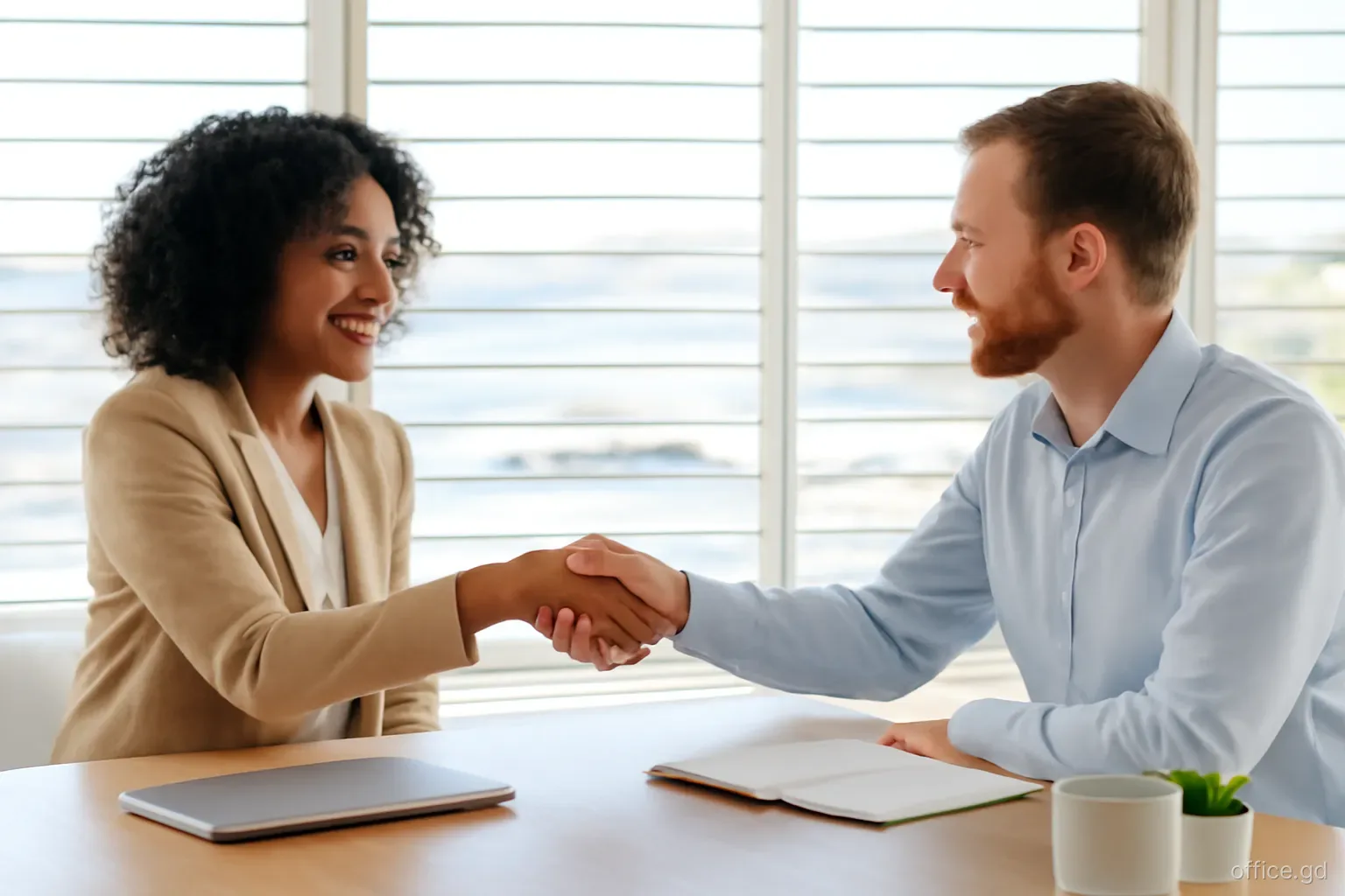 A business owner and a new employee shaking hands across a wooden desk in a bright office in St George's, harbour visible through louvred windows, eye-level shot, soft morning light