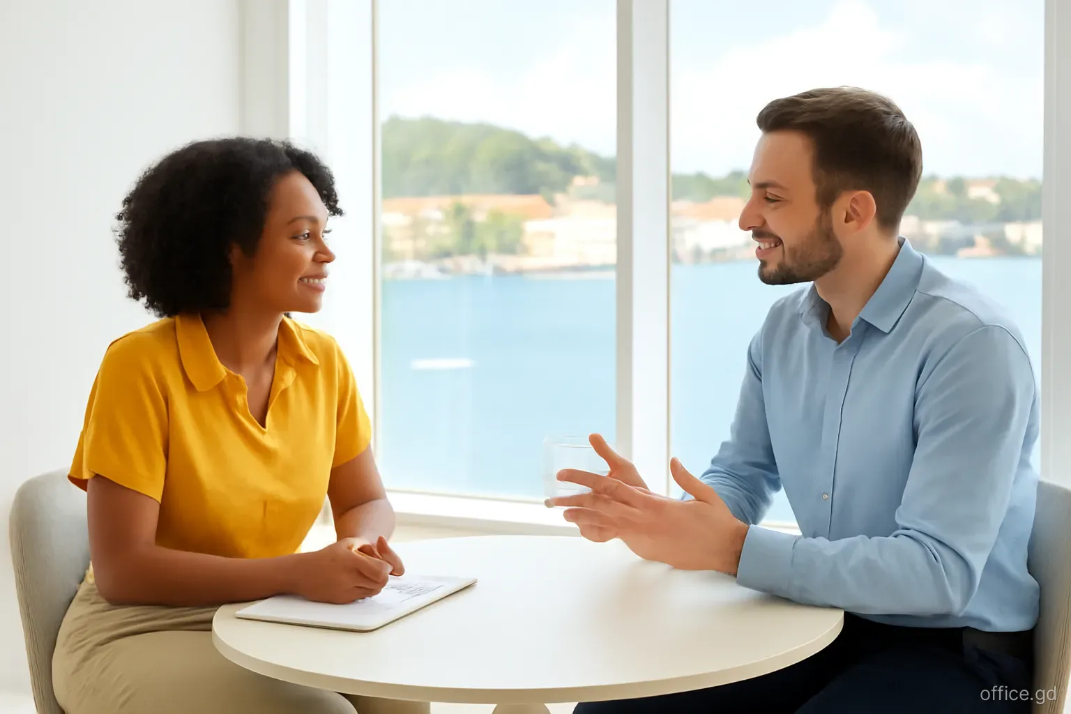 Two colleagues talking calmly at a small round table in a quiet meeting room overlooking the Carenage, one taking notes, three-quarter view, diffused midday light