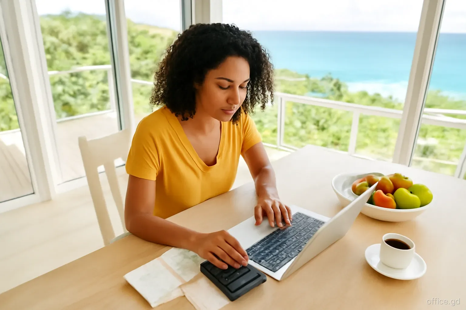 A woman entrepreneur at a kitchen table in a hillside home near Grand Anse working on a laptop with a calculator and receipts, overhead angle, bright natural light