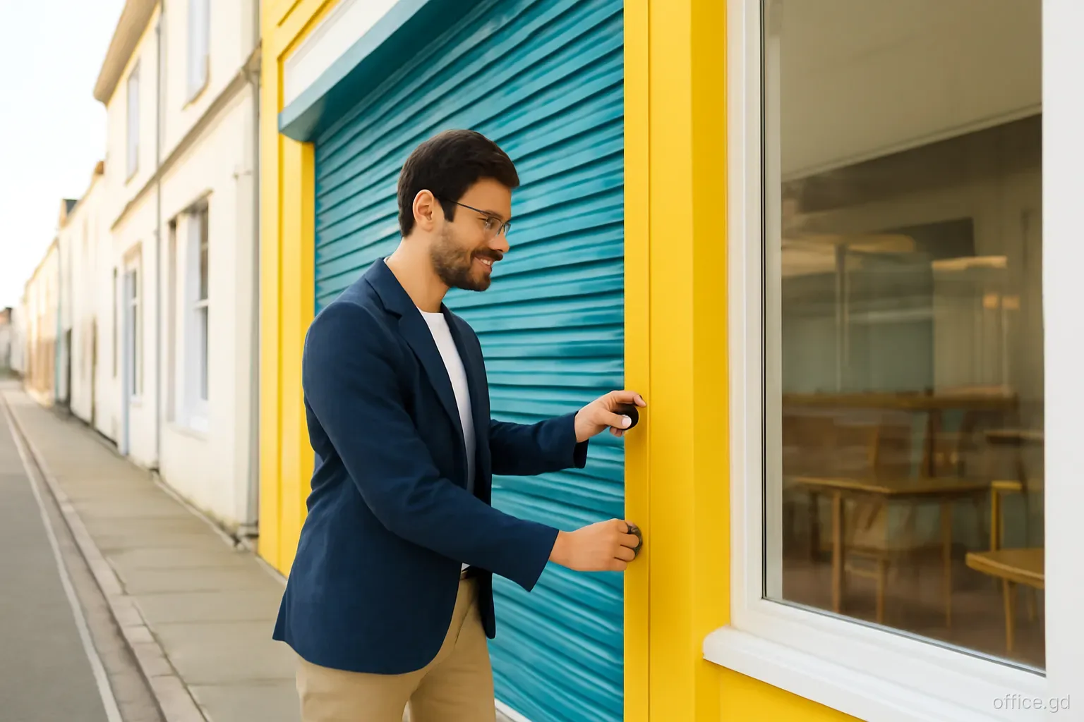 Young entrepreneur unlocking the shutters of a newly fitted café on a quiet street in St George's, early morning, freshly painted walls, three-quarter view from the pavement