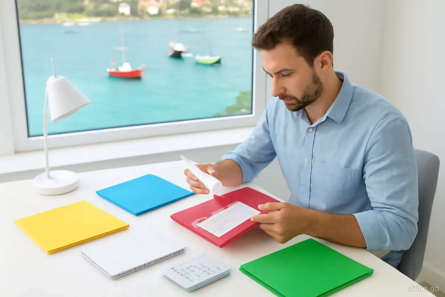 A man organising receipts into coloured folders on a desk beside a window with a view of fishing boats in Gouyave bay, overhead angle, bright afternoon light