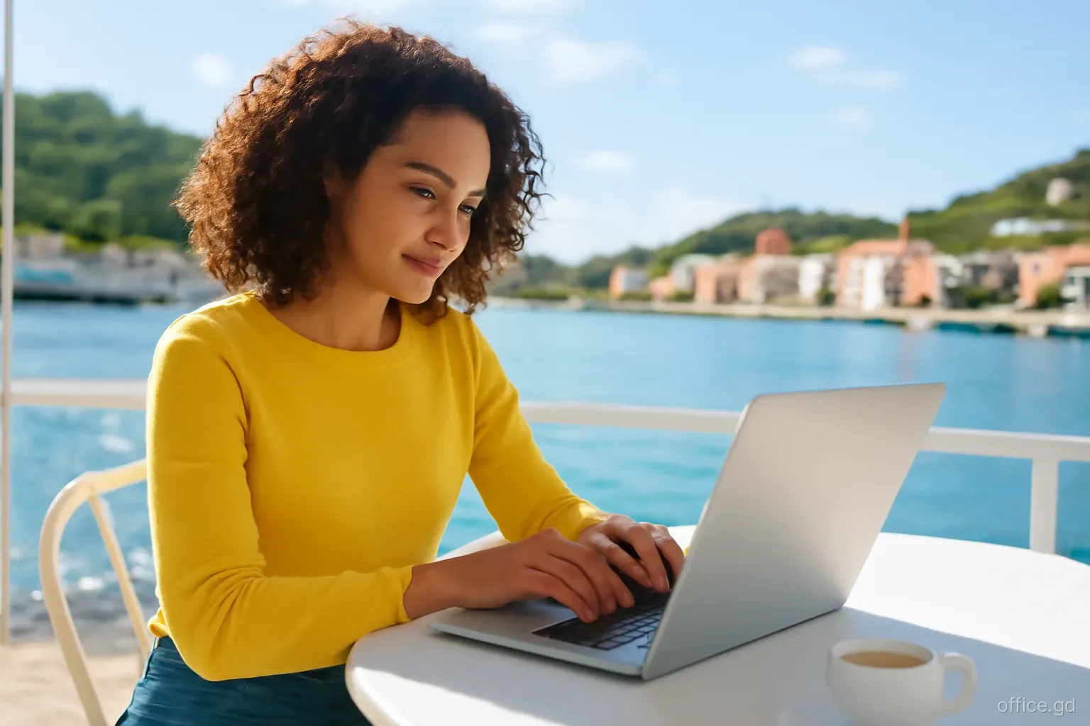 A freelance designer reviewing work on a laptop at a café table near the Carenage, coffee cup and notebook beside her, three-quarter angle, bright mid-morning light