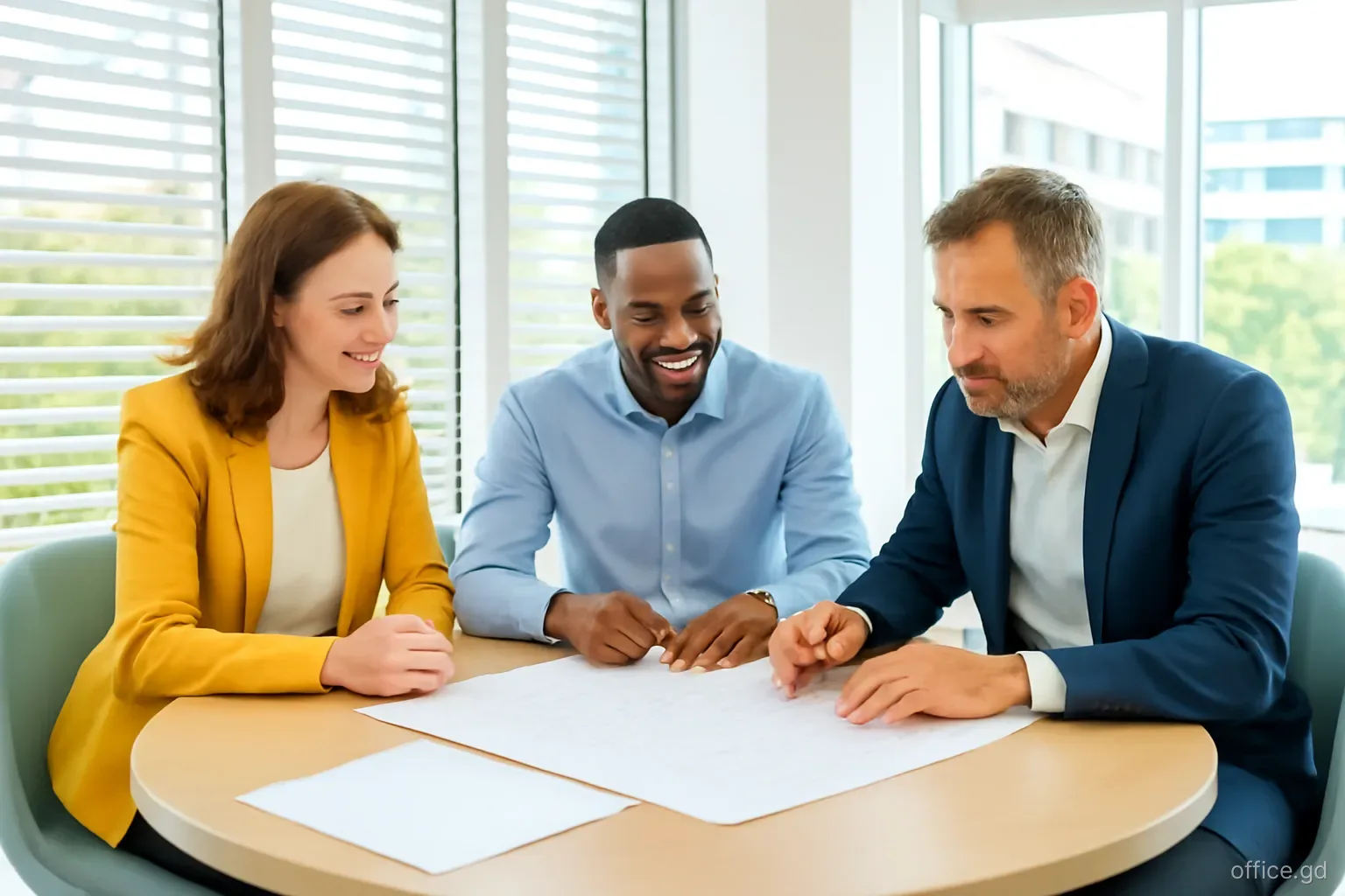 Two business owners and an adviser reviewing plans at a round meeting table in a modern government office with louvred windows in St George's, three-quarter angle, soft daylight