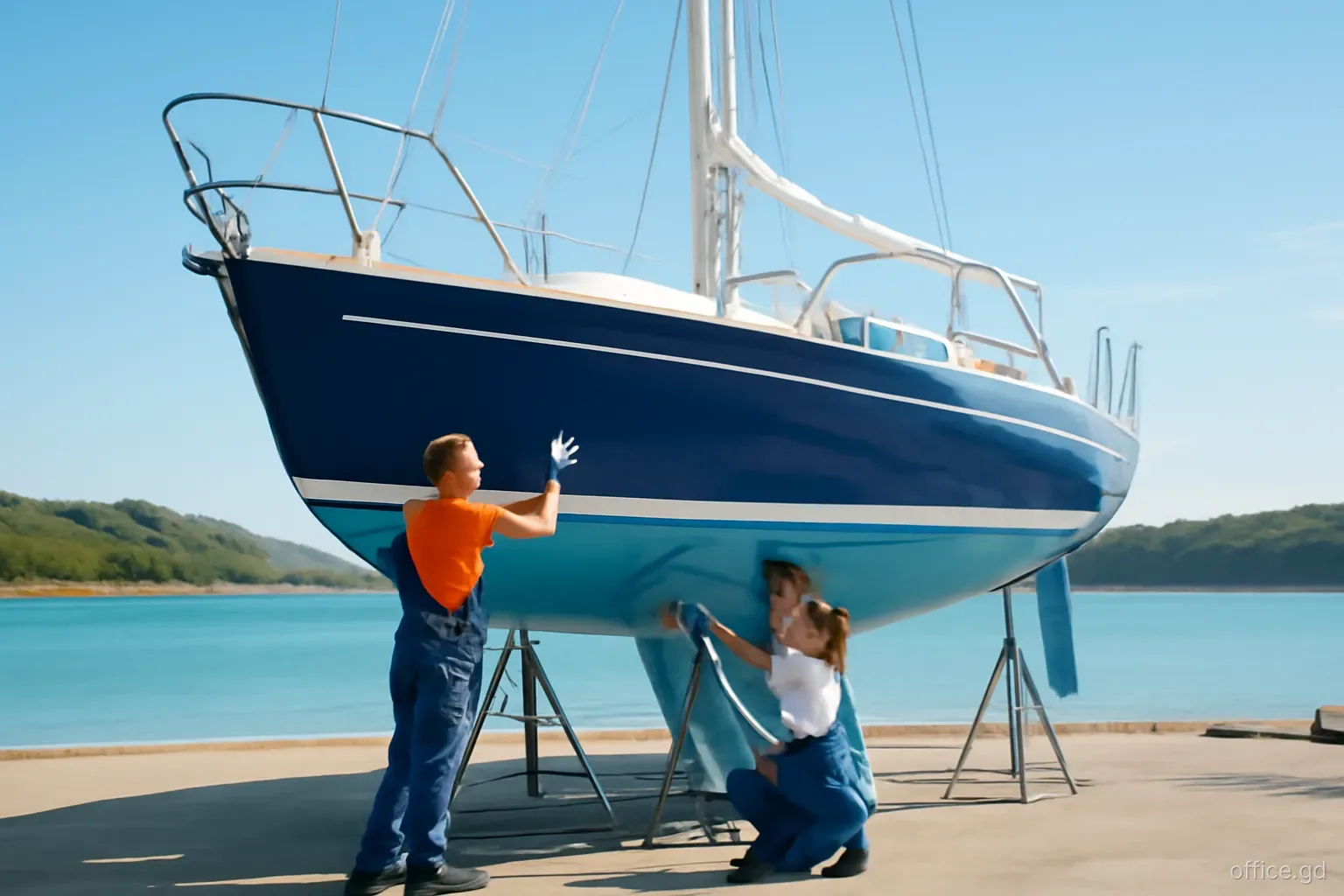 Two technicians repairing the hull of a sailing yacht on stands in a boatyard beside a calm southern bay in St David, mid-distance shot, clear bright morning