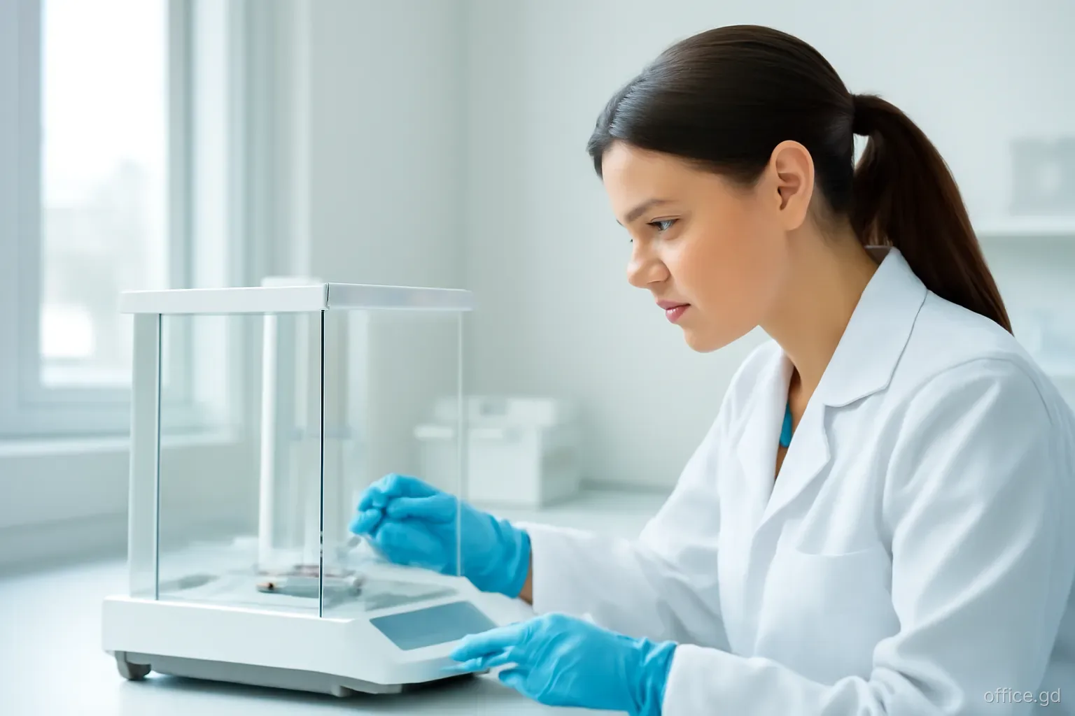 Laboratory technician in a white coat weighing samples on a precision balance in a clean, bright testing room in St George's, close side angle, cool even light