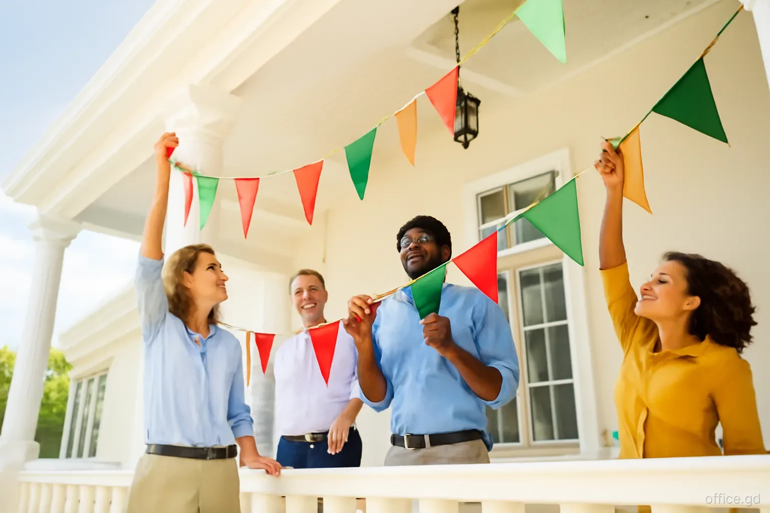 Office team hanging red, gold and green bunting across a sunny veranda of a colonial-style building in St George's, low angle looking up, bright morning