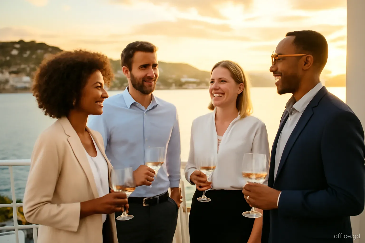 Small group of business owners chatting with drinks on an open veranda at an evening networking reception overlooking the Carenage, candid mid-distance shot, warm sunset light