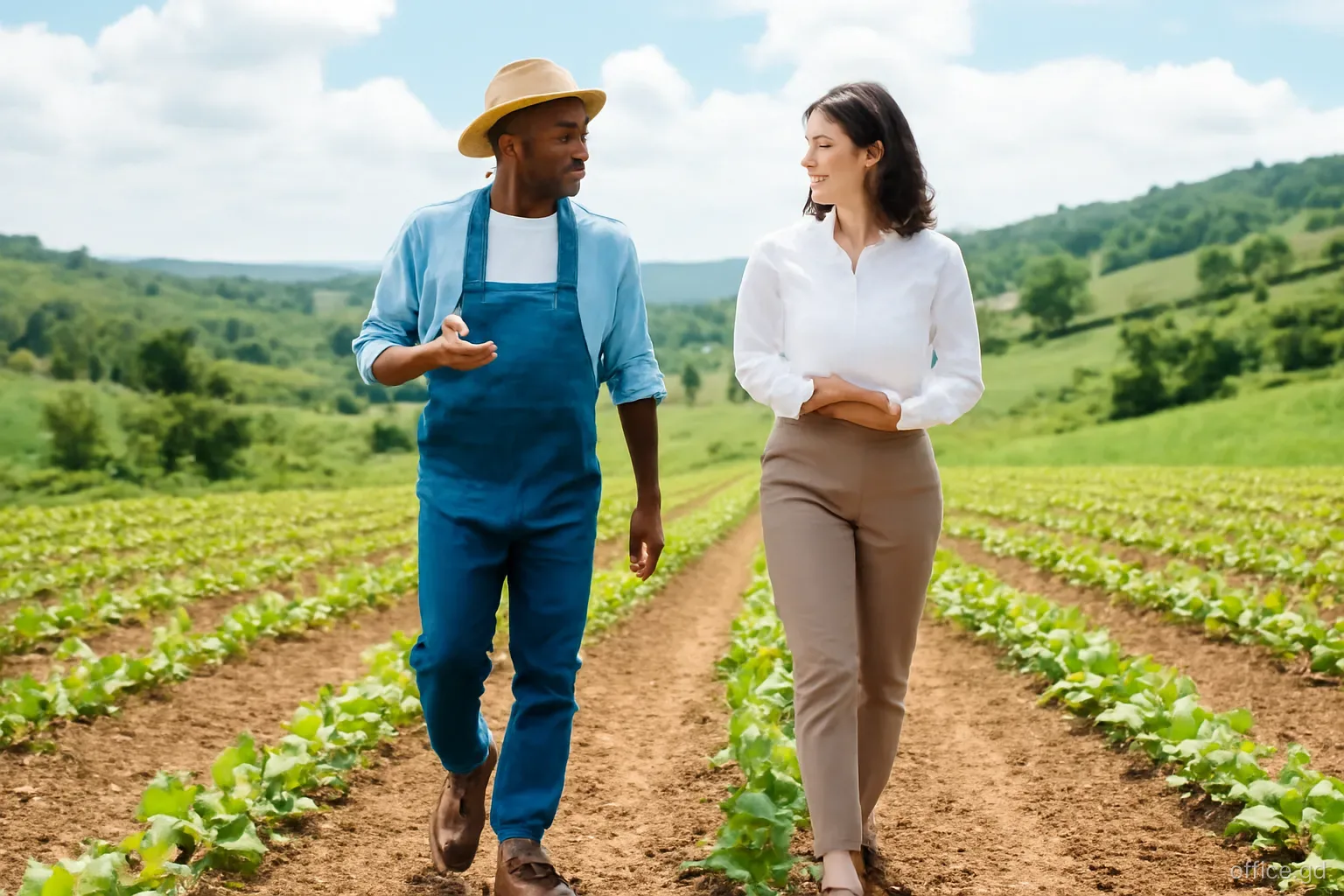 Young farmer and loan officer walking between rows of young plants on a hillside farm in St Andrew, discussing the plot, wide shot, bright cloudy daylight