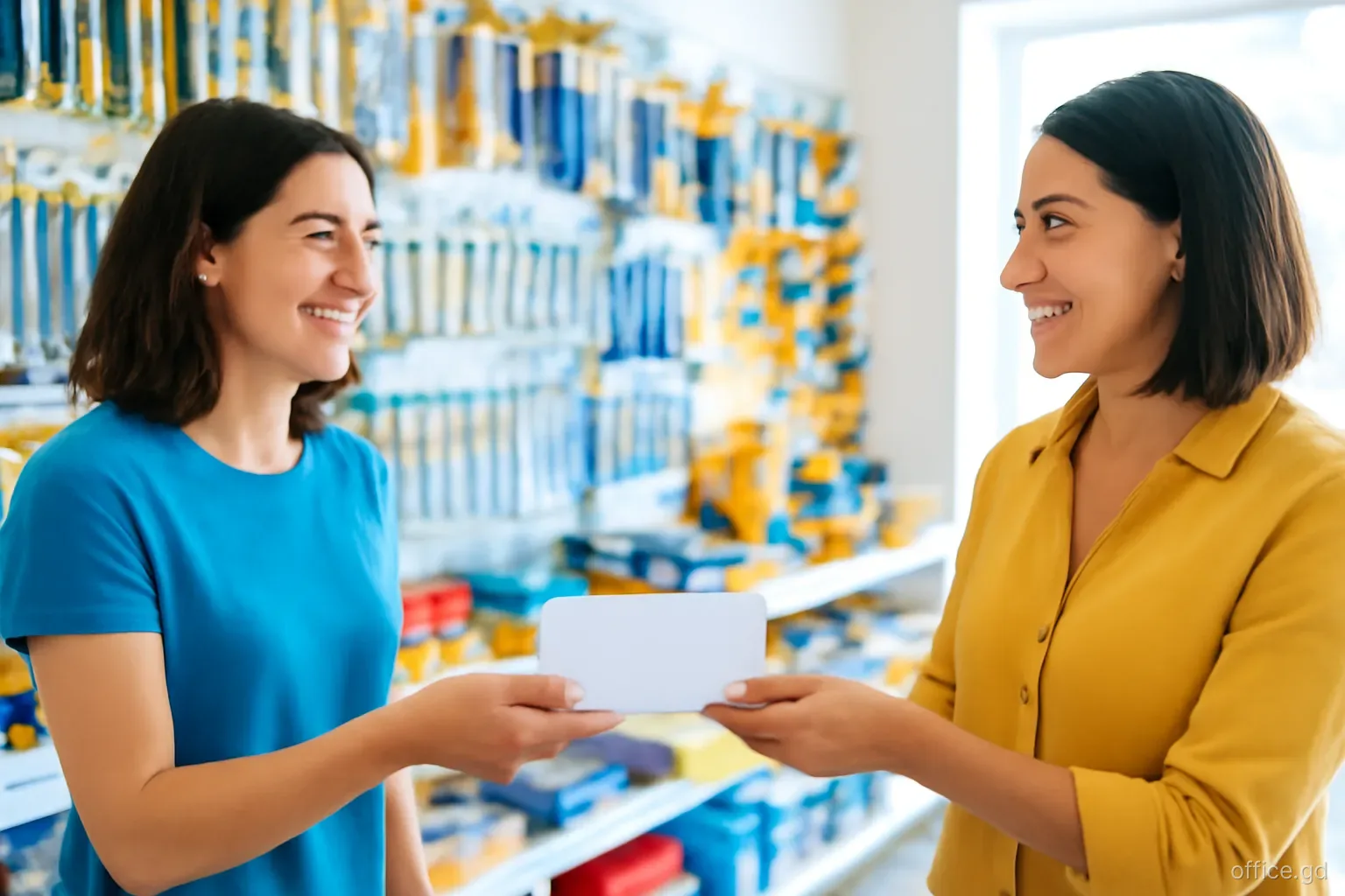 Small business owner handing a pay envelope to a smiling employee in a hardware store aisle in St George's, shelves of tools behind, medium shot, bright interior light