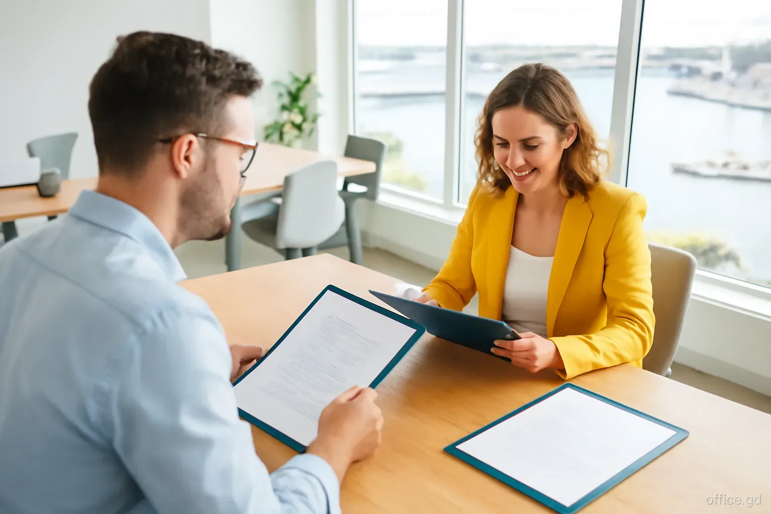 Two managers reviewing applicant folders at a wooden table in a bright open-plan office in St George's, harbour visible through the window, over-the-shoulder view, soft morning light