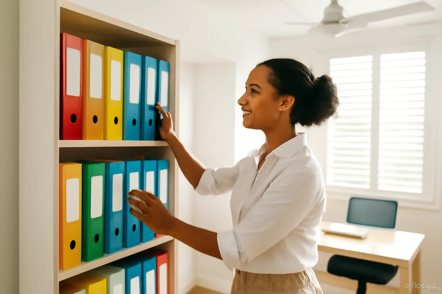 Office administrator arranging colour-coded folders on shelves in a small Grenville business office, ceiling fan turning, side angle, warm afternoon light through louvred windows