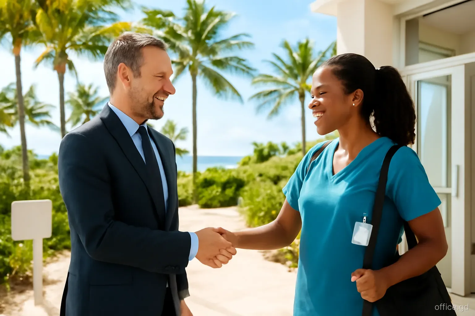 Hotel human resources manager welcoming a new nurse at the staff entrance of a resort in Lance aux Epines, handshake, palm trees behind, eye-level view, fresh morning light