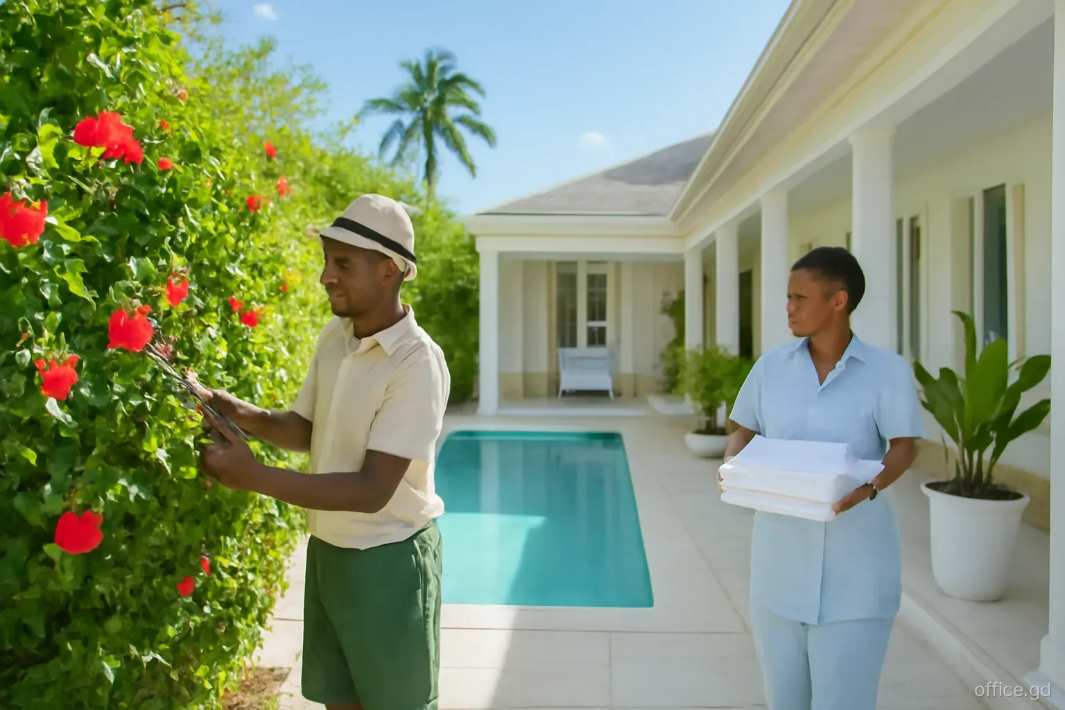 A gardener trimming hibiscus hedges beside a villa pool in Lance aux Epines while a housekeeper carries folded linen along a veranda, wide shot, fresh morning light