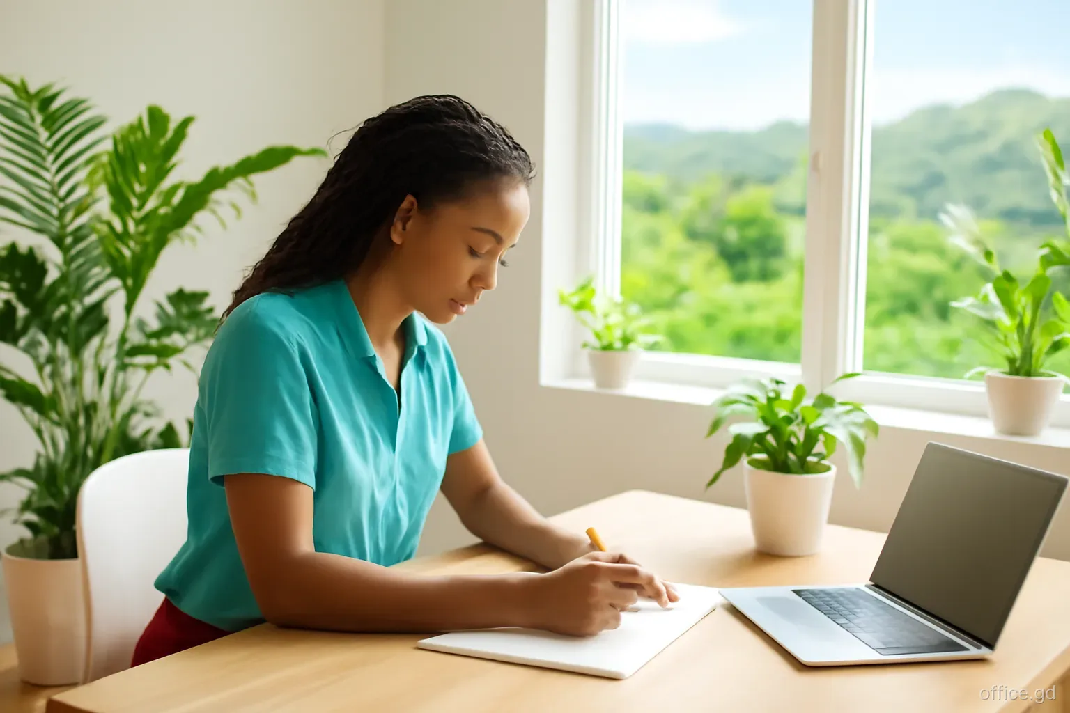 Grenadian graphic designer sketching at a desk in a converted spare room with tropical plants and a view of green hills in St David, side angle, bright morning light