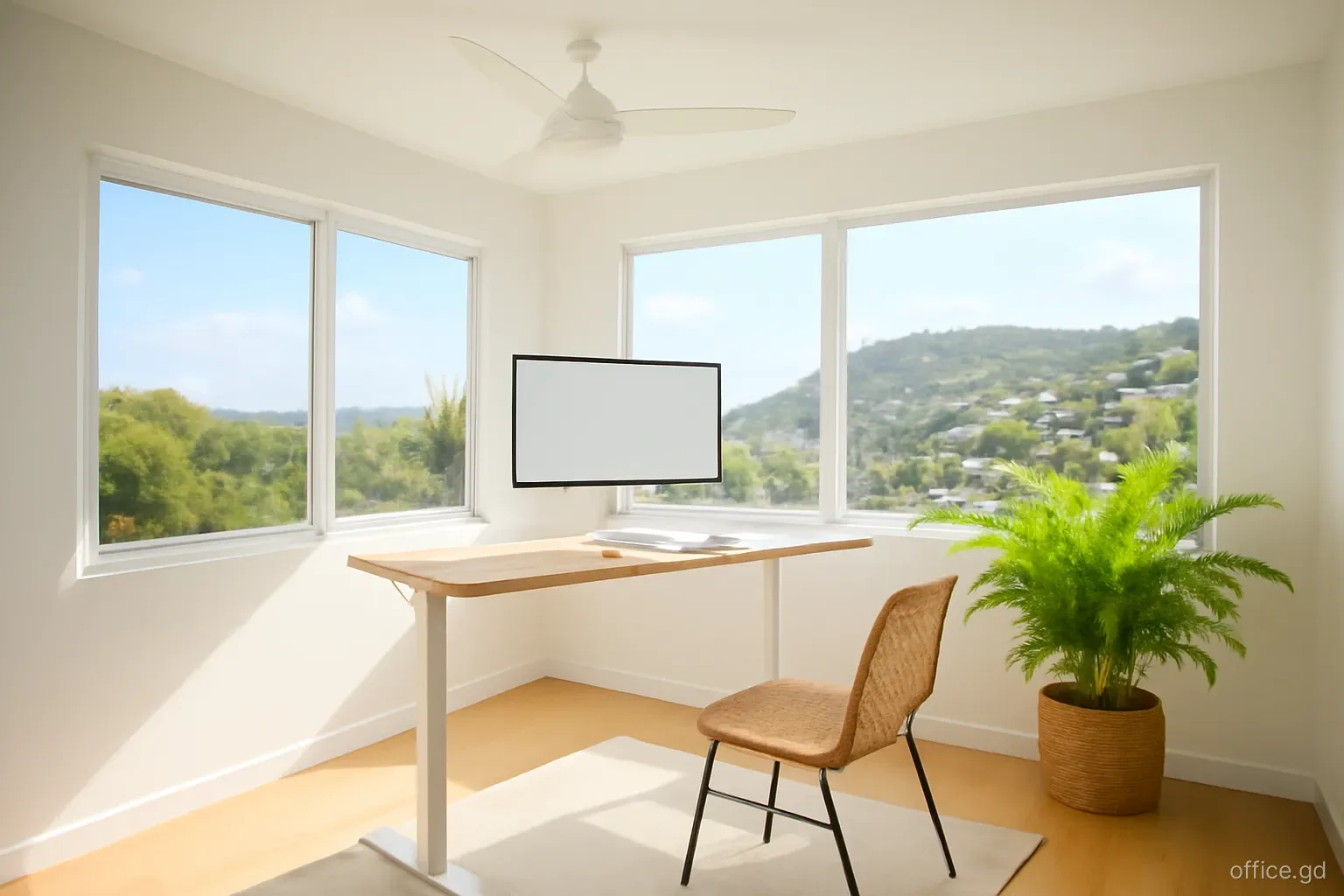 A tidy home office corner with a standing desk, potted fern and ceiling fan in a breezy hillside house above Morne Rouge, wide angle, soft late-morning light