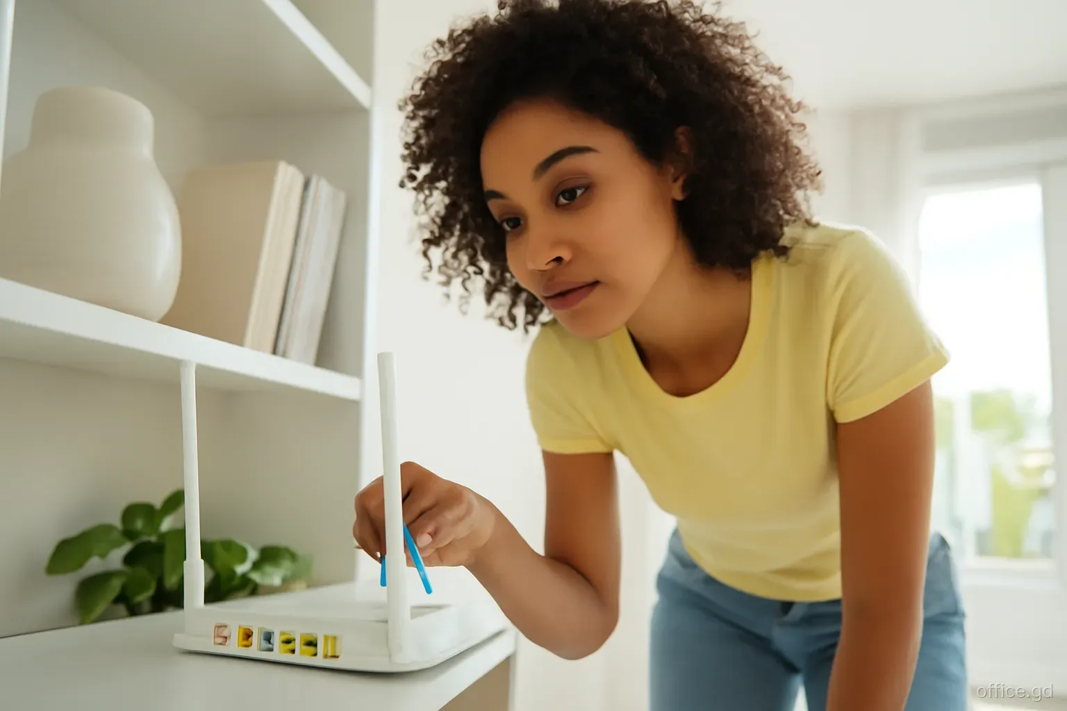 A young woman plugging an ethernet cable into a router on a bookshelf in a bright apartment in Grand Anse, close-up from a low angle, clean daylight