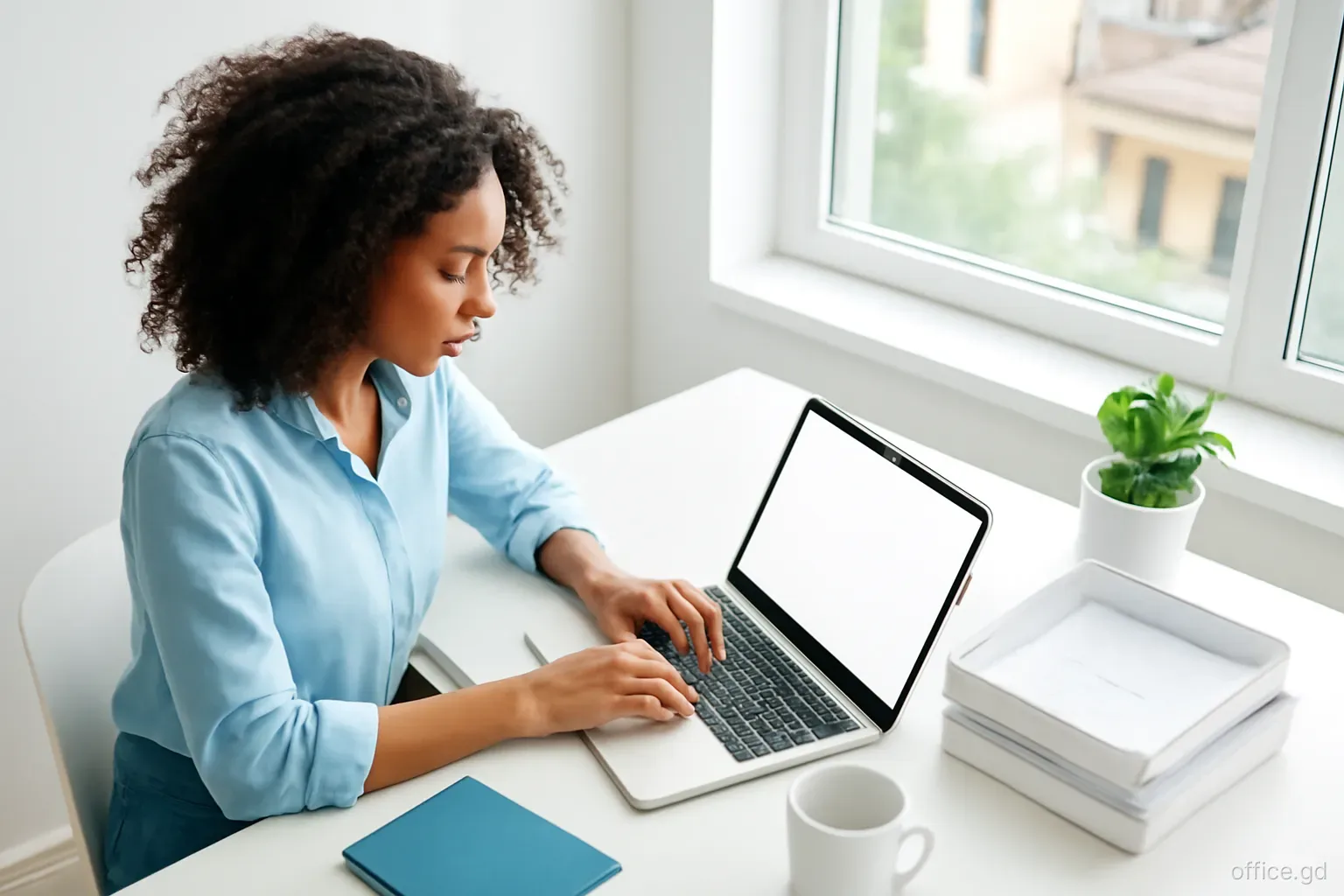 Woman entering figures on a laptop at a tidy desk in a small office above a shop in Gouyave, receipts sorted in trays, top-down angled view, soft daylight