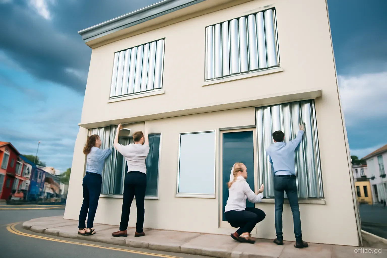 Office workers fitting aluminium storm shutters over the windows of a two-storey building in St George's under a darkening sky, wide angle from street level