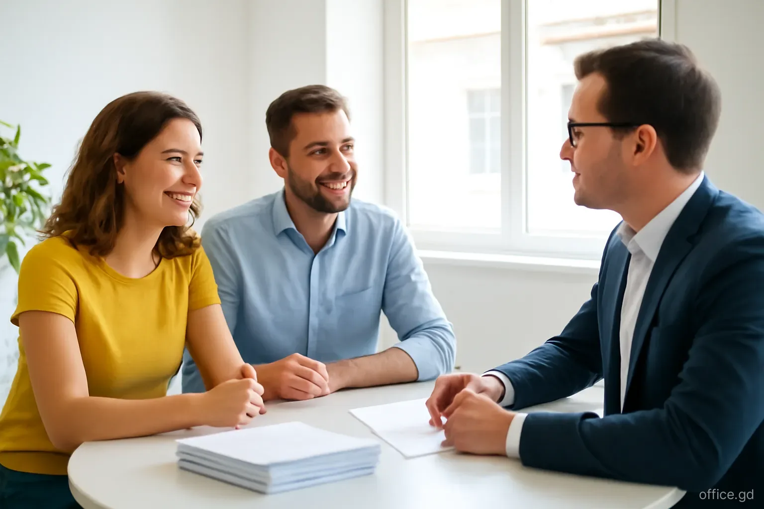 Couple who run a small restaurant sitting with an adviser at a round table in a quiet office in St George's, papers stacked neatly, soft window light, gentle side angle