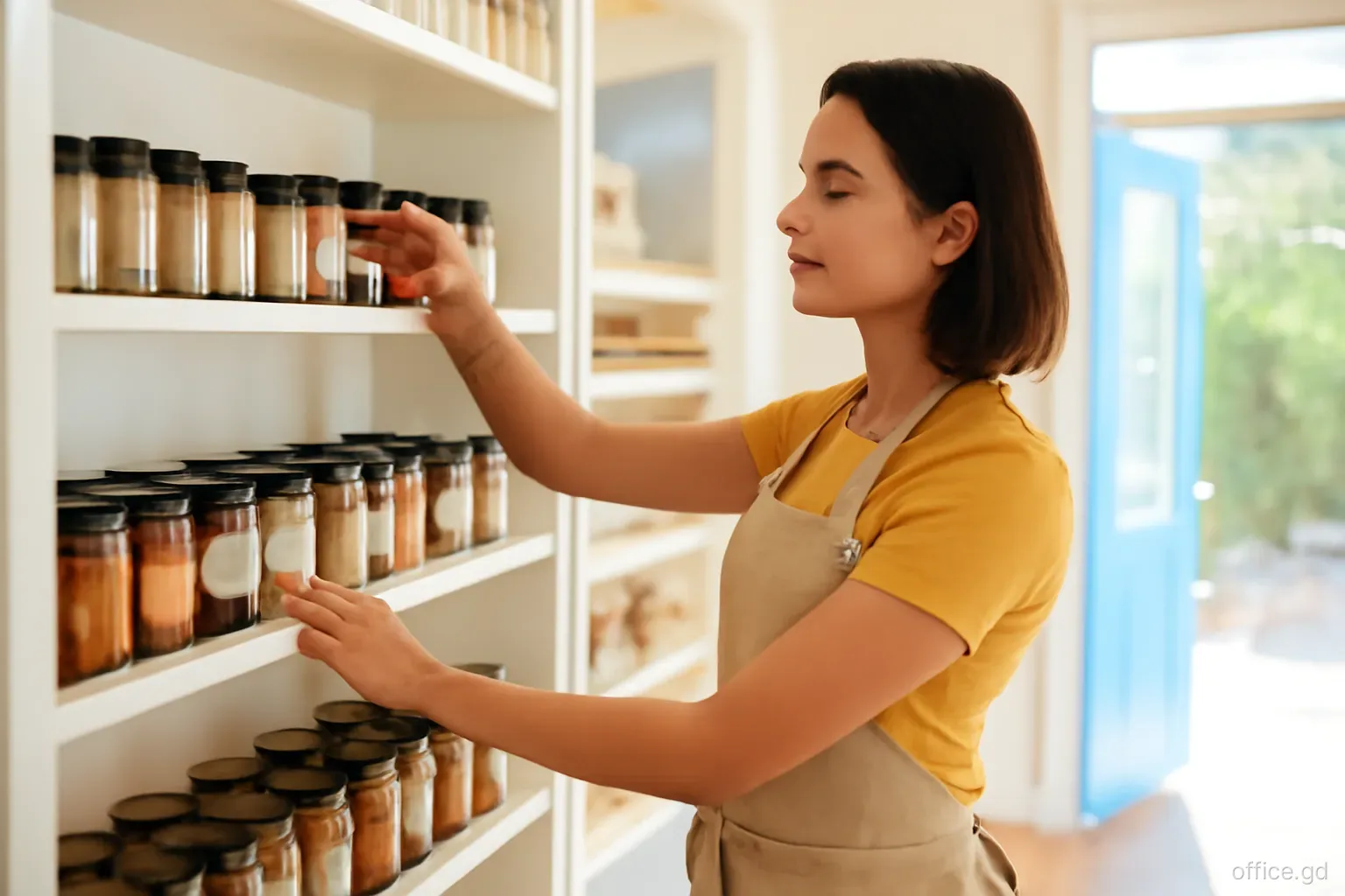 A young shop assistant restocking shelves of nutmeg and spice jars in a small bright store in Grenville, side angle, warm afternoon light through an open doorway
