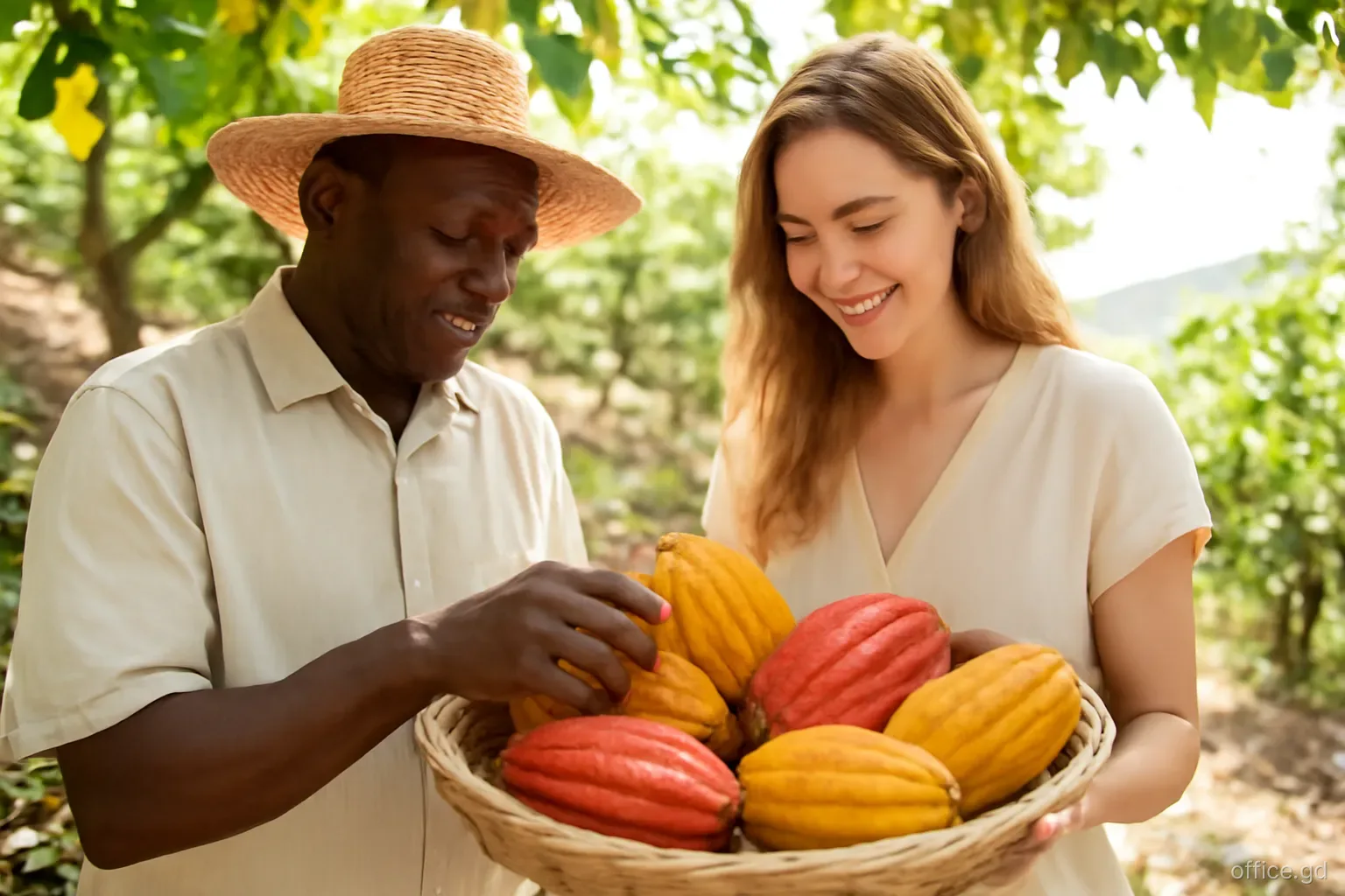 Farmer and a buyer examining a basket of fresh cocoa pods together on a hillside estate in St John, close two-shot, dappled sunlight through the trees