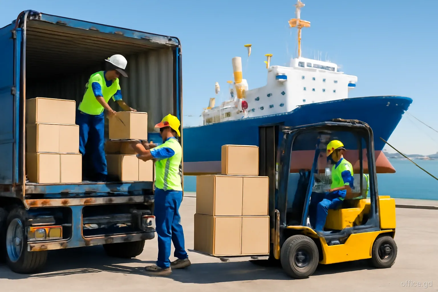 Workers unloading cardboard boxes from a shipping container onto a forklift at the port in St George's, a cargo ship moored behind, wide shot, clear morning sun