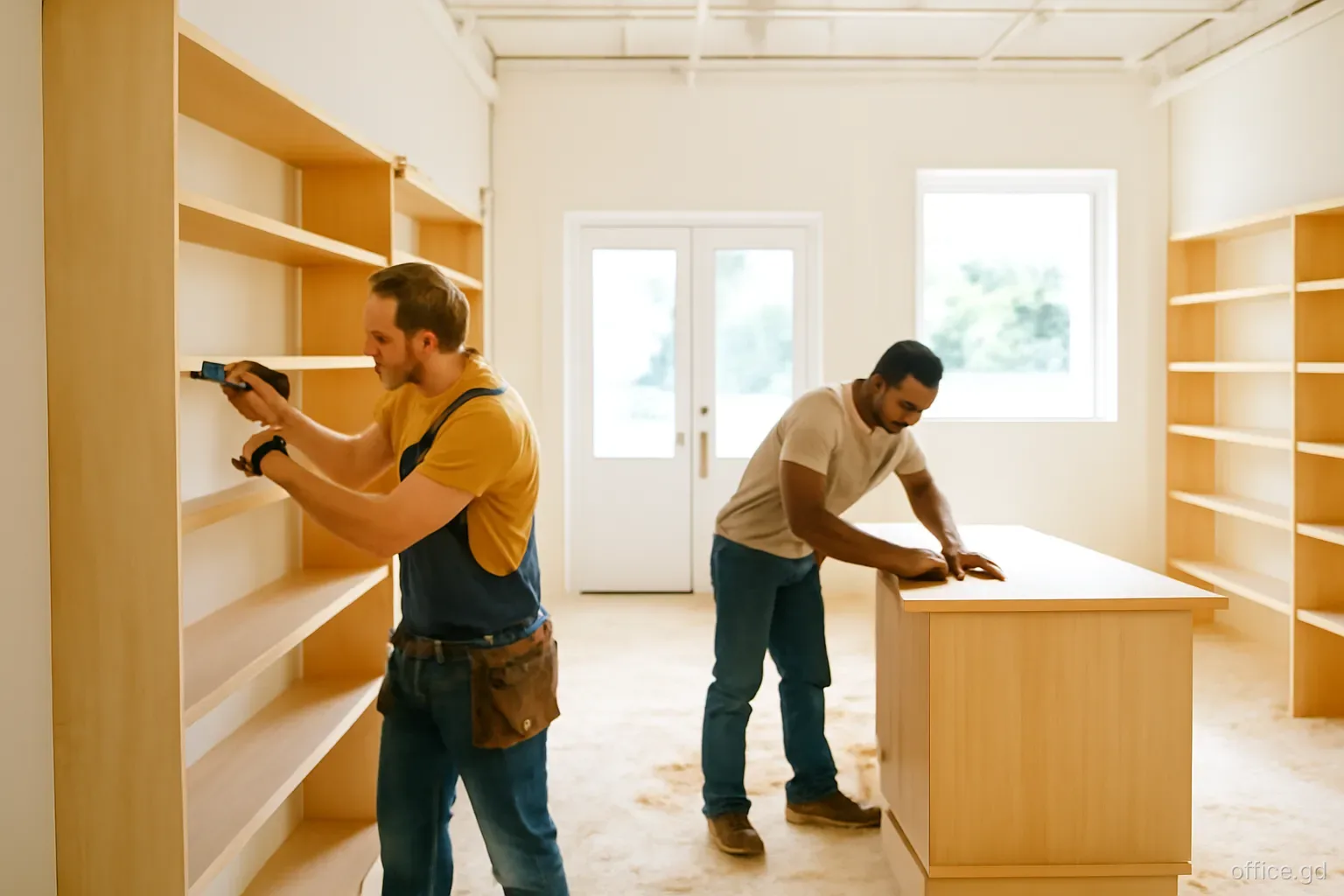 Carpenters installing wooden shelving and a reception counter in a bright half-finished shop interior in Grand Anse, sawdust in sunlight, wide shot from the entrance