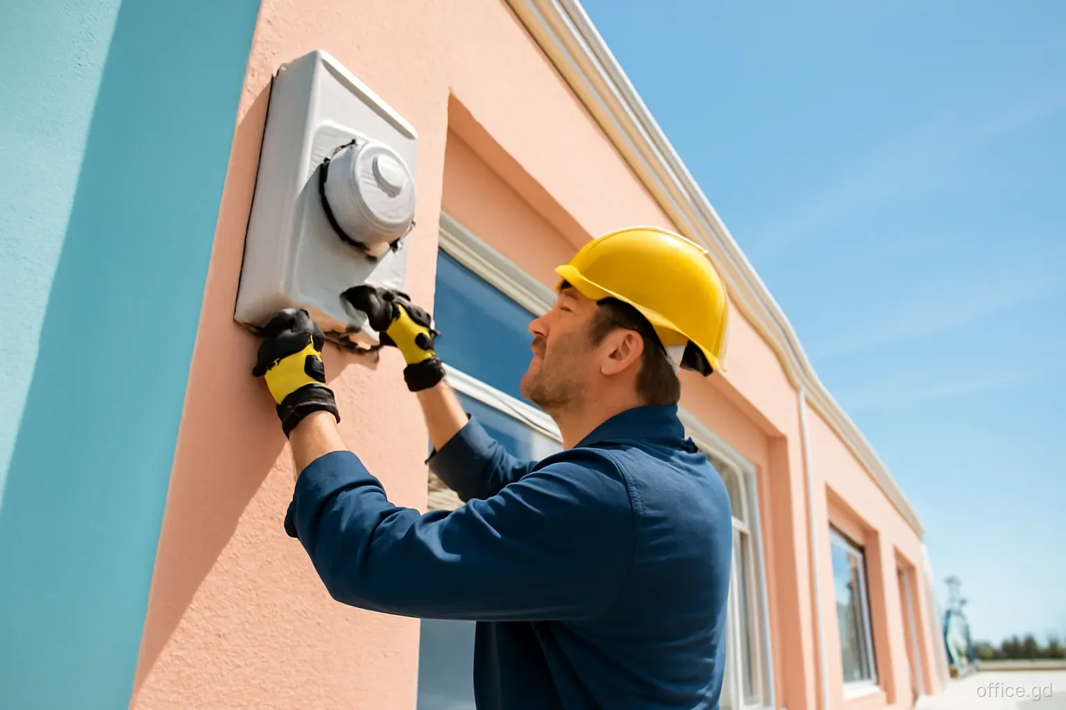 Electrician in a hard hat installing a meter box on the exterior wall of a pastel commercial building in Grenville, low angle from the pavement, bright clear sky