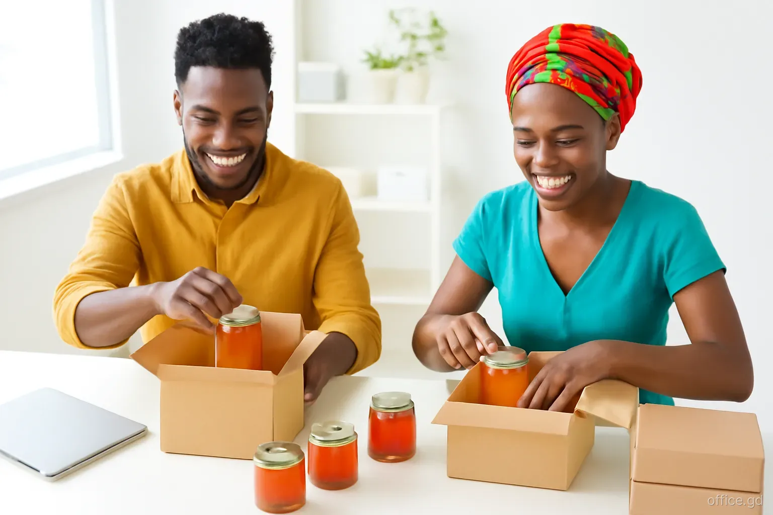 Two Grenadian entrepreneurs packing jars of nutmeg jam into shipping boxes at a bright workshop table in St David, laptop closed beside them, top-down view, daylight